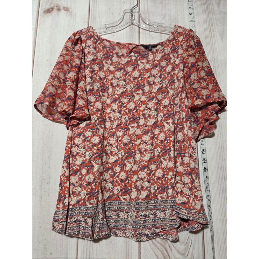 Lucky Brand Womens Orange Floral Flutter Sleeve Keyhole‎ Back Knit Top Large